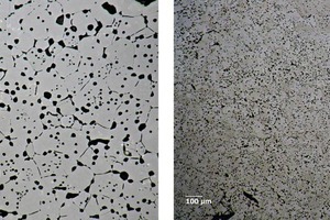 3 Microstructure of 98 %+ DBM produced from carbonate (left), in comparison to a commercial 98 %+ DBM produced from brines (right). Structure of the carbonate-­derived DBM is ­coarser, leading to larger ­crystals and pores