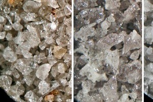 4 Left: Industrially ­produced granulated blastfurnace slag D (Ptotal = 6.7 vol. %). Center and right: laboratory-produced granulated blastfurnace slags – HS D.0 (Ptotal = 5.8 vol. %), centre, and HS D.9 ­(Ptotal = 17.9 vol. %), right. Glass content 100 vol. % in all cases