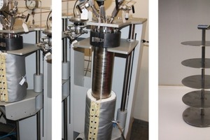 3 Experimental setup for the long-term ­storage of cement samples in scCO2; left and centre: 2 L autoclaves; right: stainless steel rack for positioning the test samples in the autoclaves