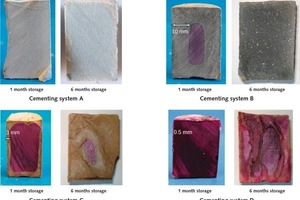 6 Optical appearance (colouring by means of phenolphthalein) of cement specimens after storage in water-saturated CO2 for 1 and 6 months at 90 °C and 400 bar pressure