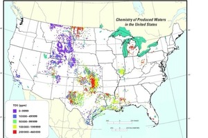 5 Location of oil and gas wells in the USA. Average total dissolved solid (TDS) content of produced waters from oil and gas wells as indicator for calcium, magnesium and alkali [33]