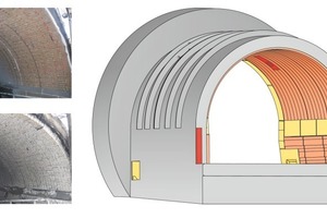 7 Partial view of the basic lining of a kiln hood: upon installation (above) and after an 8-month lifetime (below)