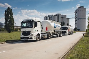 Cement trucks with the new lettering in front of Opterra’s Karsdorf plant