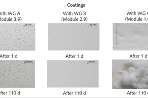 4 Coatings (thickness about 0.4 cm) on fiber cement plates after 1 and 110 days in a laboratory atmosphere