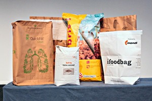 The innovations entered from left to right: The QuickFill Clean concept by BillerudKorsnäs, Self-dy by dy-pack, Hybris by Gascogne Sacs and the iFoodbag and the Protector Bag (in the background) by Mondi Industrial Bags