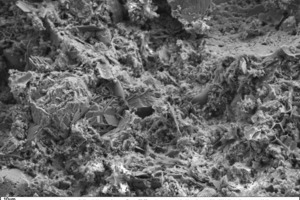 15 SEM micrograph of the fracture face of a thin-bed mortar sample containing 10 vol.% perlite, in 500-fold magnification