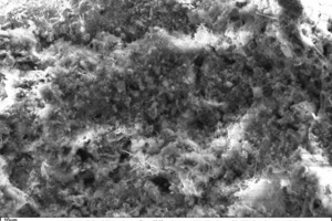 11 SEM micrograph of a rendering and plastering mortar sample with 5 vol.% fumed silica after a setting time of 28 days, hydrated in laboratory air (1000-x magnification)