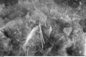 12 SEM micrograph of a rendering and plastering mortar sample with 5 vol.% fumed silica after a setting time of 28 days, hydrated in laboratory air (5000-x magnification)