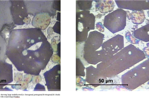 A1 Photomicrographs of clinker showing large multifaceted (i.e. hexagonal, pentagonal and tetragonal) and clearly defined sharp-edged alite crystals together with rounded belites