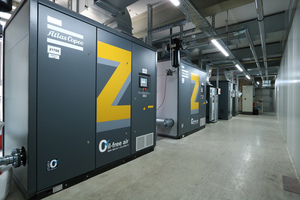 2 The new compressed air station at the Schomburg plant is equipped with two Z-series (ZE 2) low-pressure compressors for silo conveying air and three GA screw compressors for the 7-bar network (“normal” control air, at the back of the compressor room)