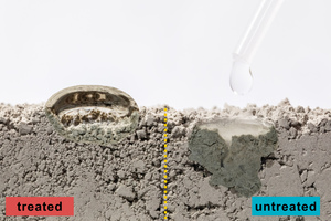 5 Image showing water droplets on dry cement powder treated with an organosilicon hydrophobic agent on the left and untreated powder on the right. The water droplet on the right-hand side immediately seeps into the lower layers of the untreated powder, while the droplet on the left keeps afloat on the hydrophobized base without wetting the cement grains beneath it. Yellow dashed line denotes the boundary between the treated and untreated cement