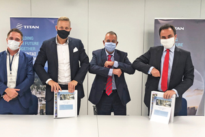 The signing ceremony (f.l.t.r.): Jacob Brinch-Nielsen, Head of Service Execution, FLSmidth, Nicklas Lionett, former Head of Sales, FLSmidth, Vasileios Giannopoulos, Group Procurement Project Director, Titan Cement Group, Antonis Kyrkos, Group Transformation and Strategic Planning Director, Titan Cement Group