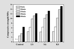 2 The influence of accelerators on the compressive strength of hardened gypsum slurry; a) early age (before 2 hours); b) long-term age (after 1 day)