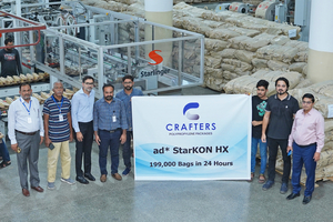 1 With 199000 AD*STAR sacks in 24 hours, Crafters has achieved an unprecedented production record. The Crafters Management from left to right: Abdul Qadir, Administration Manager, Obaid Ur Rehman, General Manager, Omair Rehman, Director, Mehtab Hussain, Head of Sack Conversion, two Crafters staff members holding the banner, Faisal Raza Khan, Starlinger Service Manager, and Khalid Mehmood, CFO and Director Operations at Crafters