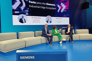 1 Dr. Oliver Niese (Festo) and Rainer Brehm (Siemens) present the partnership at Hannover Messe 2023