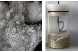 4 Microscope image of cellulose fiber balls in RC binder and 5 Left: reference binder, right: RC-SG-M with swollen components