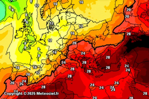 1 Weather chart for summer 2025. GFS model chart for 24 July 2025. In Southern Europe, the heat is extreme
